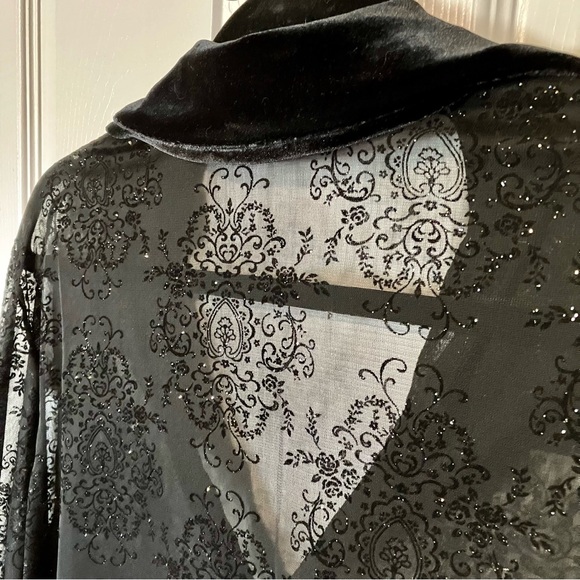 Black sheer blouse with velvet collar, rhinestone buttons, glittery designs - Picture 2 of 6
